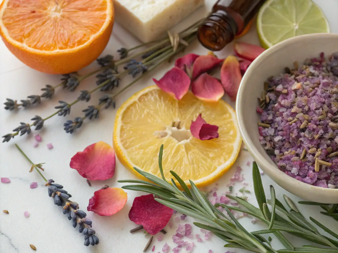 A visually appealing image of raw materials used in EssenceMiddleEast's Luxury Collection fragrances, such as rare oud wood, exotic spices, and blooming flowers, arranged artfully to showcase the natural and high-quality ingredients.