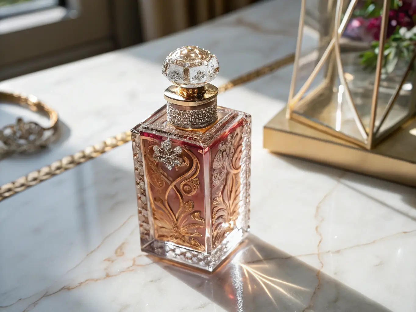 A detailed image showcasing the intricate design of a perfume bottle from the Luxury Collection, highlighting the elegant shape, high-quality glass, and luxurious gold accents, reflecting the brand's commitment to exquisite craftsmanship.