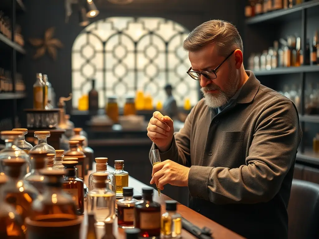 A close-up shot of a skilled perfumer carefully blending essential oils in a traditional glass beaker, with various raw ingredients and tools scattered around the workspace, emphasizing the artisanal process of creating luxury fragrances at EssenceMiddleEast.